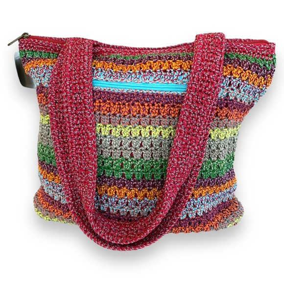 THE SAK CROCHETED RAINBOW HOBO SHOULDER BAG RED BOHEMIAN STRIPE. - Picture 1 of 7